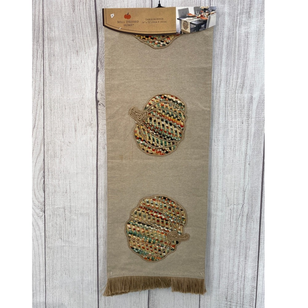 Well Dressed Home Table Runner 14x72 Tan Woven Pumpkin Fall Decor Fringe Autumn